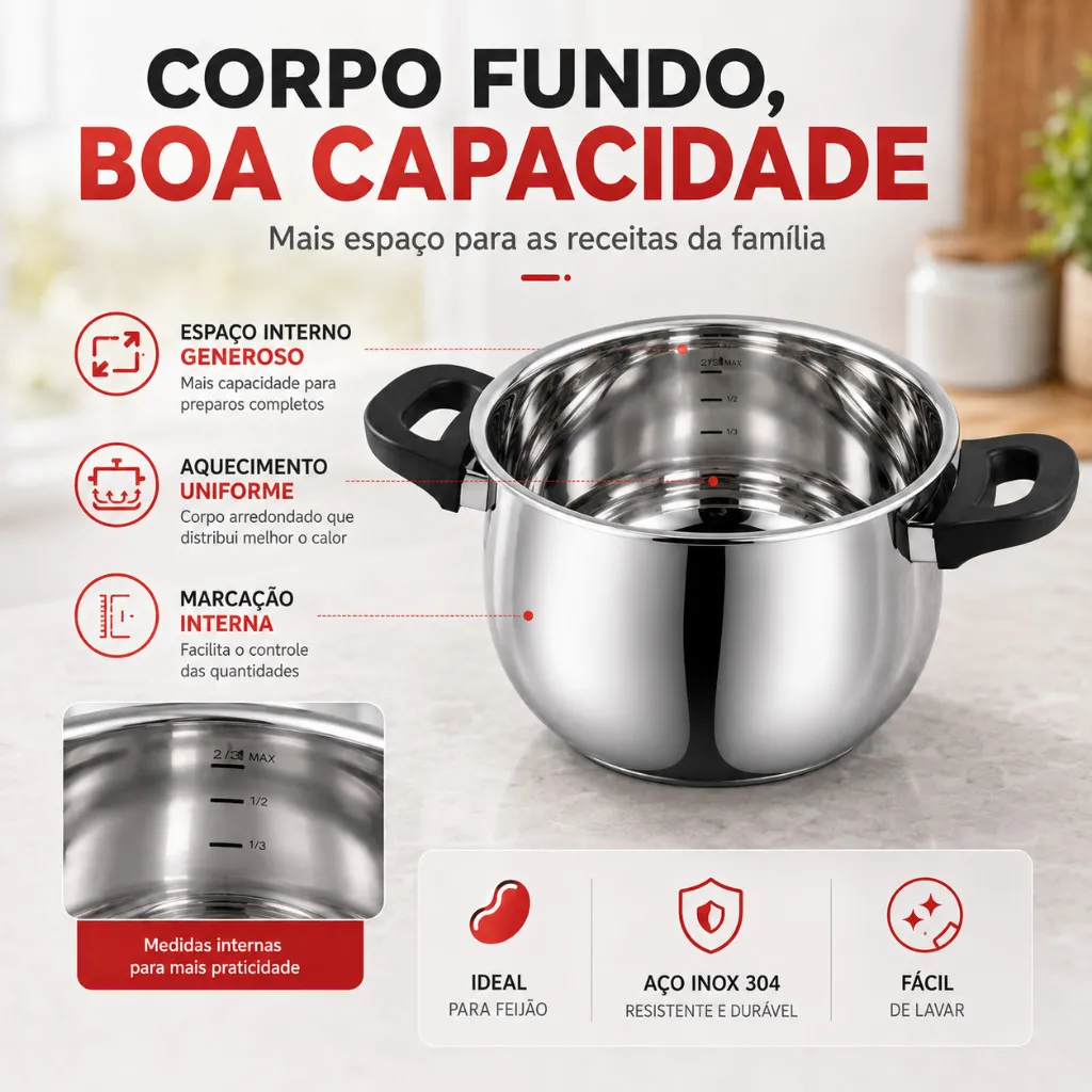 Corpo fundo de boa capacidade em aço inox 304, com aquecimento uniforme e marcação interna