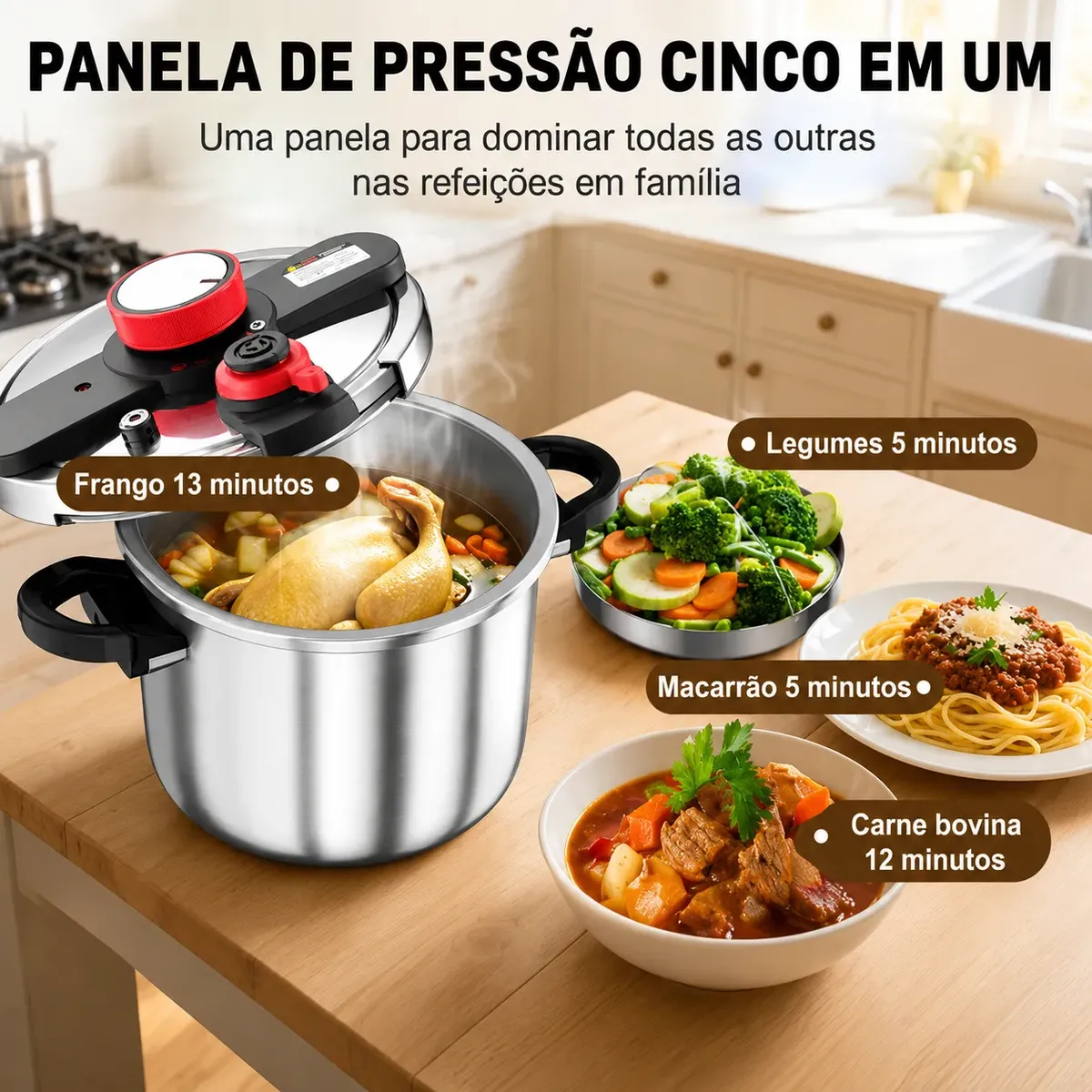 Panela de pressão cinco em um: frango 13 min, legumes 5 min, macarrão 5 min, carne bovina 12 min